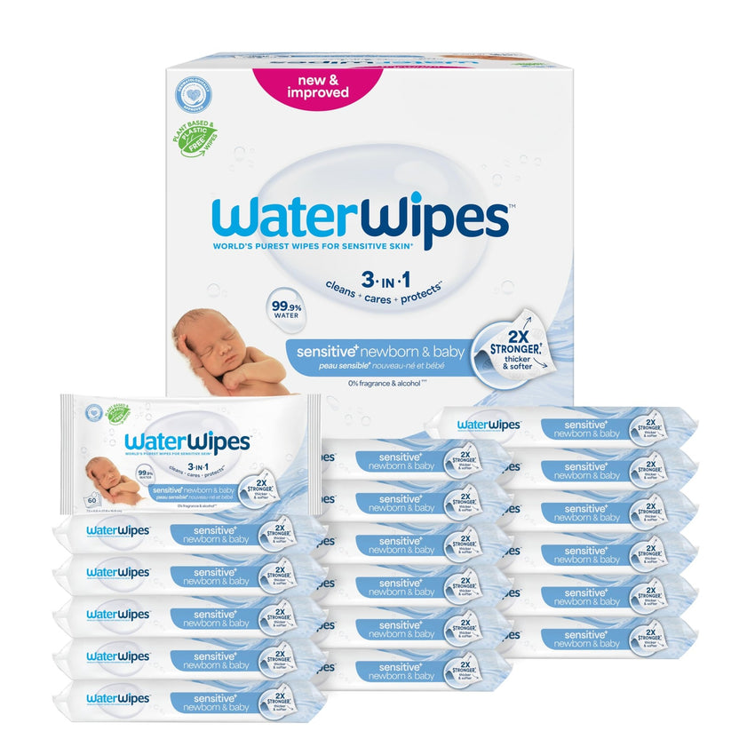WaterWipes Sensitive+ Newborn & Baby Wipes, 3 - In - 1 Cleans, Cares, Protects, 99.9% Water, Unscented & Hypoallergenic, 720 Count (12 Packs) - 7DAY'S