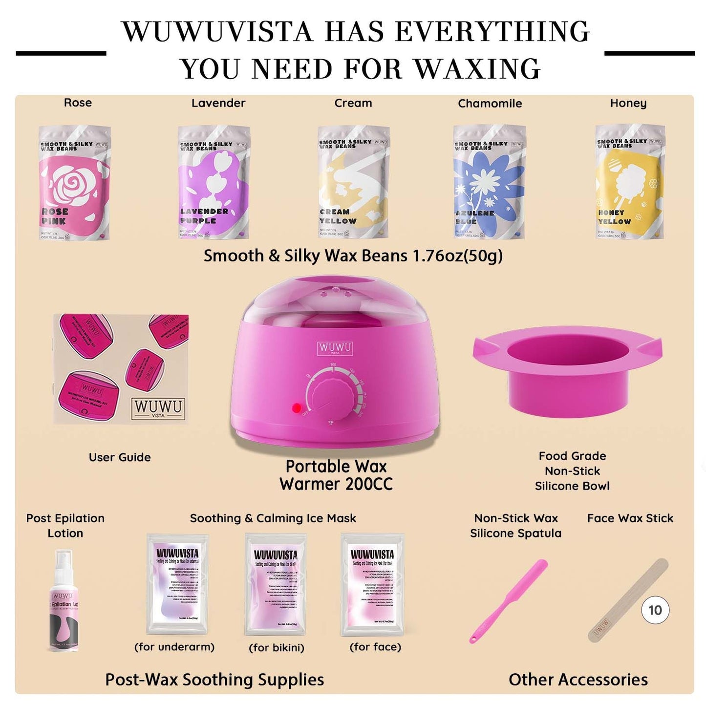 Waxing kit 23 items, WUWUVISTA Hair Removal Hard Wax Kit with Wax Warmer&Wax Beads for Full Body/Face/Underarm/Bikini/Sensitive Skin for Women&Men - 7DAY'S