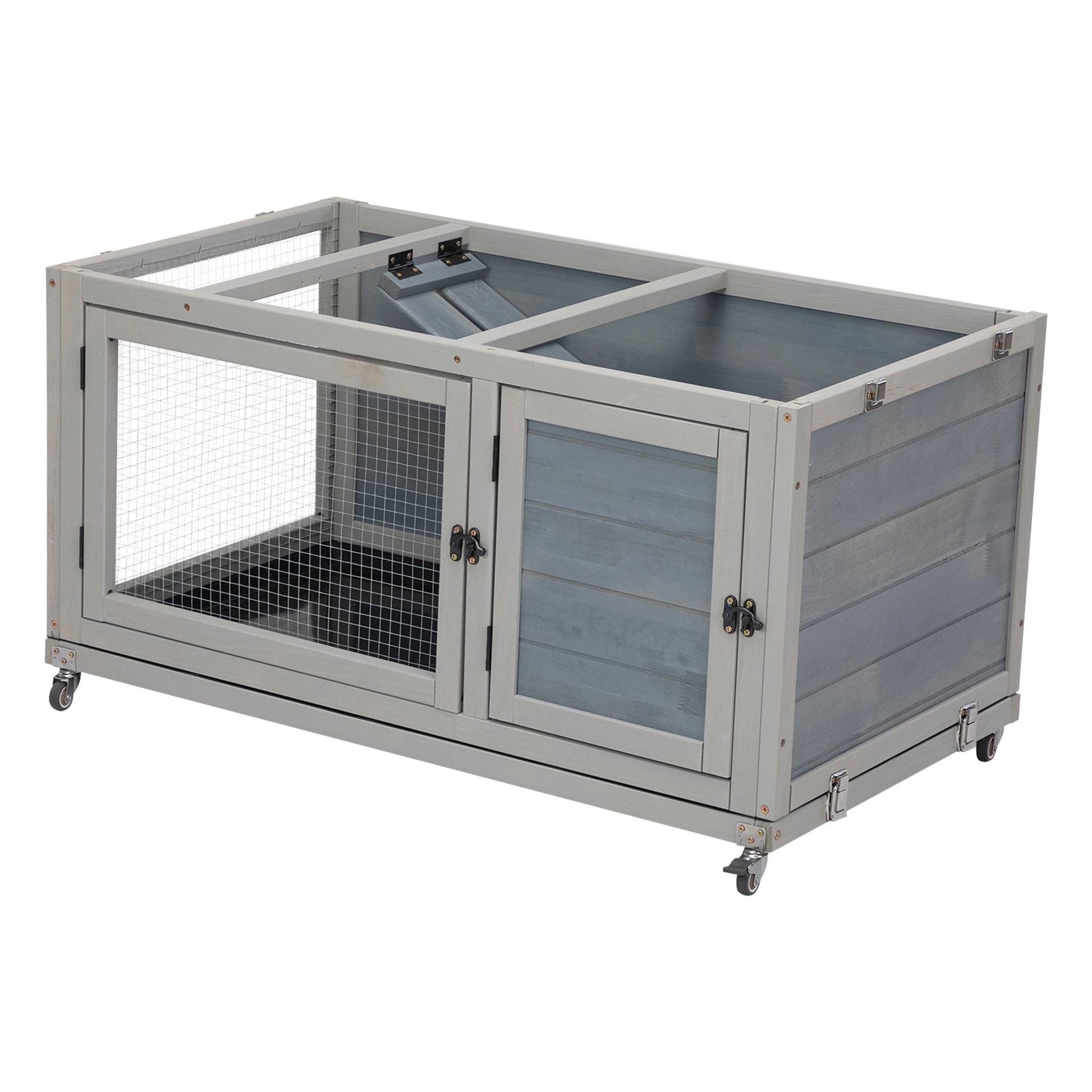 Weatherproof Rabbit House, Indoor/Outdoor Wooden Rabbit Hutch, 2 Story Bunny Cage, Pet House, Wooden Chicken Coop with Wheels, Pull Out Tray for Rabbits and Guinea Pigs, Grey - 7DAY'S