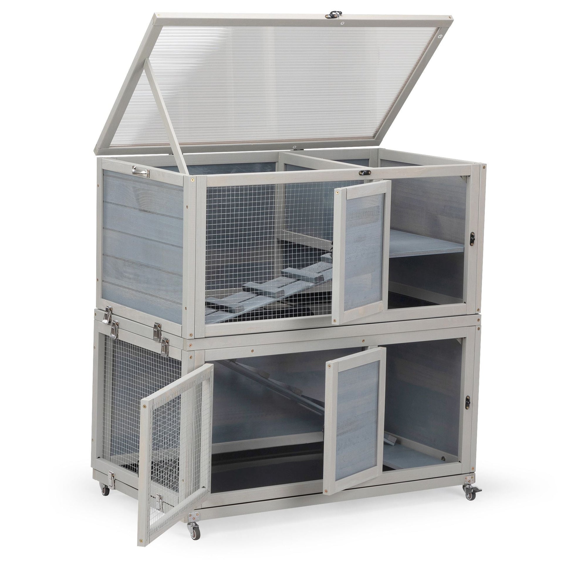 Weatherproof Rabbit House, Indoor/Outdoor Wooden Rabbit Hutch, 2 Story Bunny Cage, Pet House, Wooden Chicken Coop with Wheels, Pull Out Tray for Rabbits and Guinea Pigs, Grey - 7DAY'S