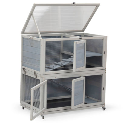 Weatherproof Rabbit House, Indoor/Outdoor Wooden Rabbit Hutch, 2 Story Bunny Cage, Pet House, Wooden Chicken Coop with Wheels, Pull Out Tray for Rabbits and Guinea Pigs, Grey - 7DAY'S