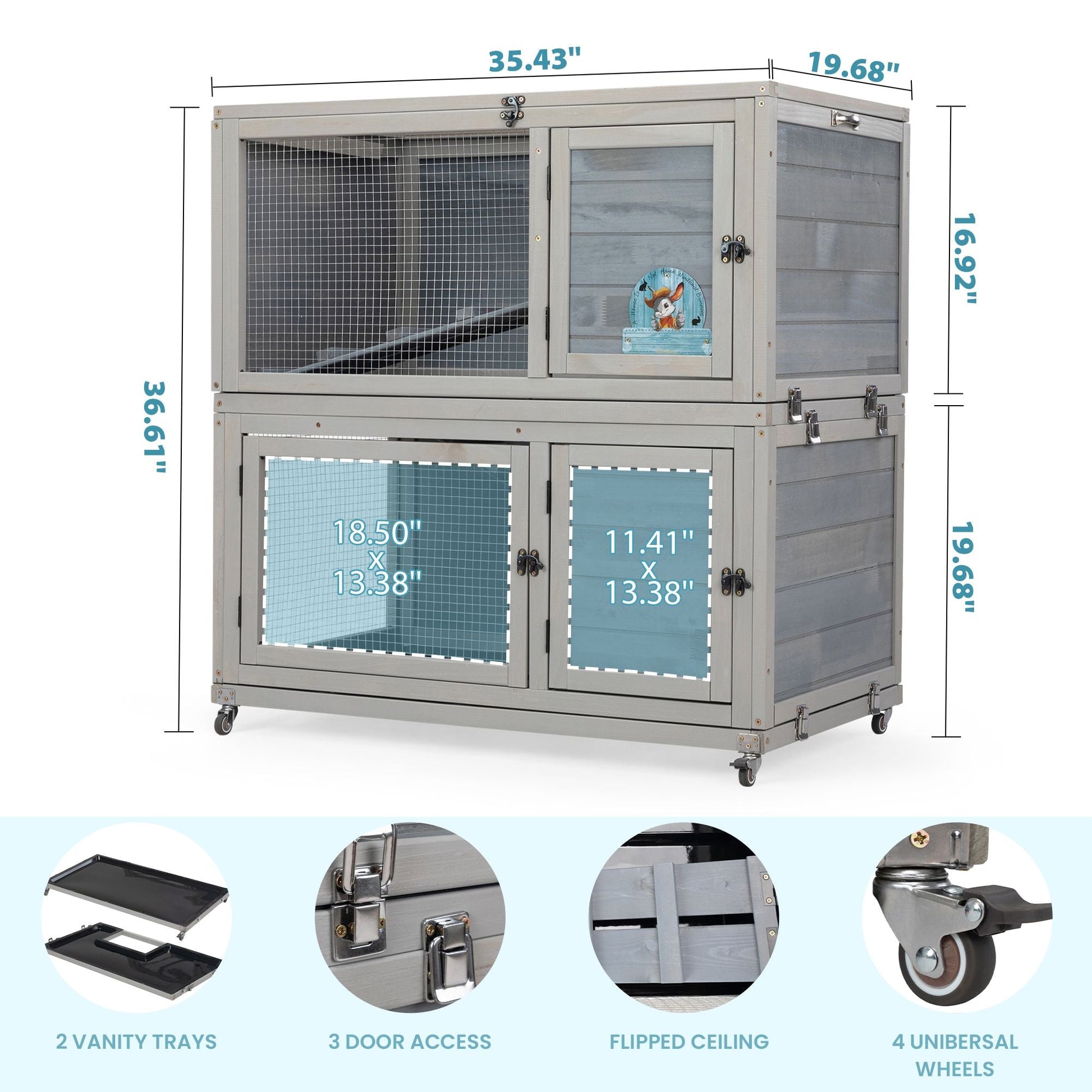 Weatherproof Rabbit House, Indoor/Outdoor Wooden Rabbit Hutch, 2 Story Bunny Cage, Pet House, Wooden Chicken Coop with Wheels, Pull Out Tray for Rabbits and Guinea Pigs, Grey - 7DAY'S