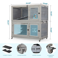 Weatherproof Rabbit House, Indoor/Outdoor Wooden Rabbit Hutch, 2 Story Bunny Cage, Pet House, Wooden Chicken Coop with Wheels, Pull Out Tray for Rabbits and Guinea Pigs, Grey - 7DAY'S