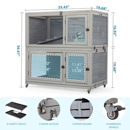 Weatherproof Rabbit House, Indoor/Outdoor Wooden Rabbit Hutch, 2 Story Bunny Cage, Pet House, Wooden Chicken Coop with Wheels, Pull Out Tray for Rabbits and Guinea Pigs, Grey - 7DAY'S