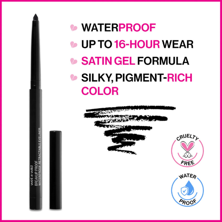 wet n wild Mega Last Breakup Proof Retractable Eyeliner - Waterproof 16 - Hour Long - Lasting Wear, Cruelty - Free & Vegan - Blackest Black - 7DAY'S