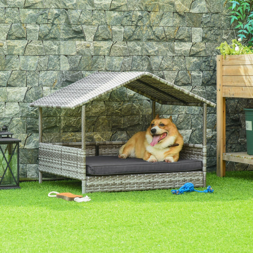 Wicker Dog House Outdoor with Canopy, Rattan Dog Bed with Water - resistant Cushion, for Small and Medium Dogs, Cream - 7DAY'S