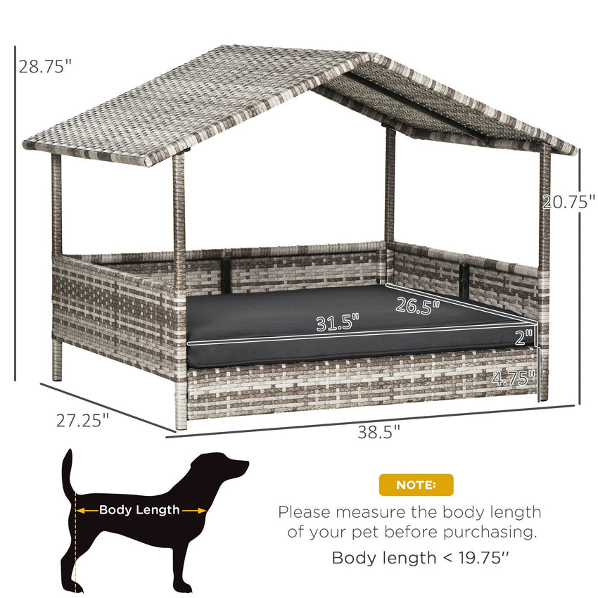 Wicker Dog House Outdoor with Canopy, Rattan Dog Bed with Water - resistant Cushion, for Small and Medium Dogs, Cream - 7DAY'S