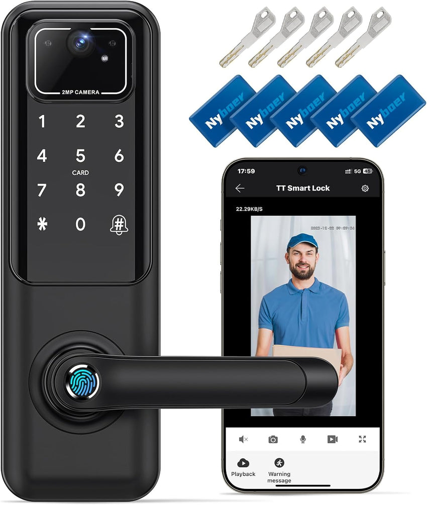 WiFi Camera Video Smart Door Lock with Fingerprint, Nyboer Keyless Entry, Electronic Digital Keypad with Handle - 7DAY'S