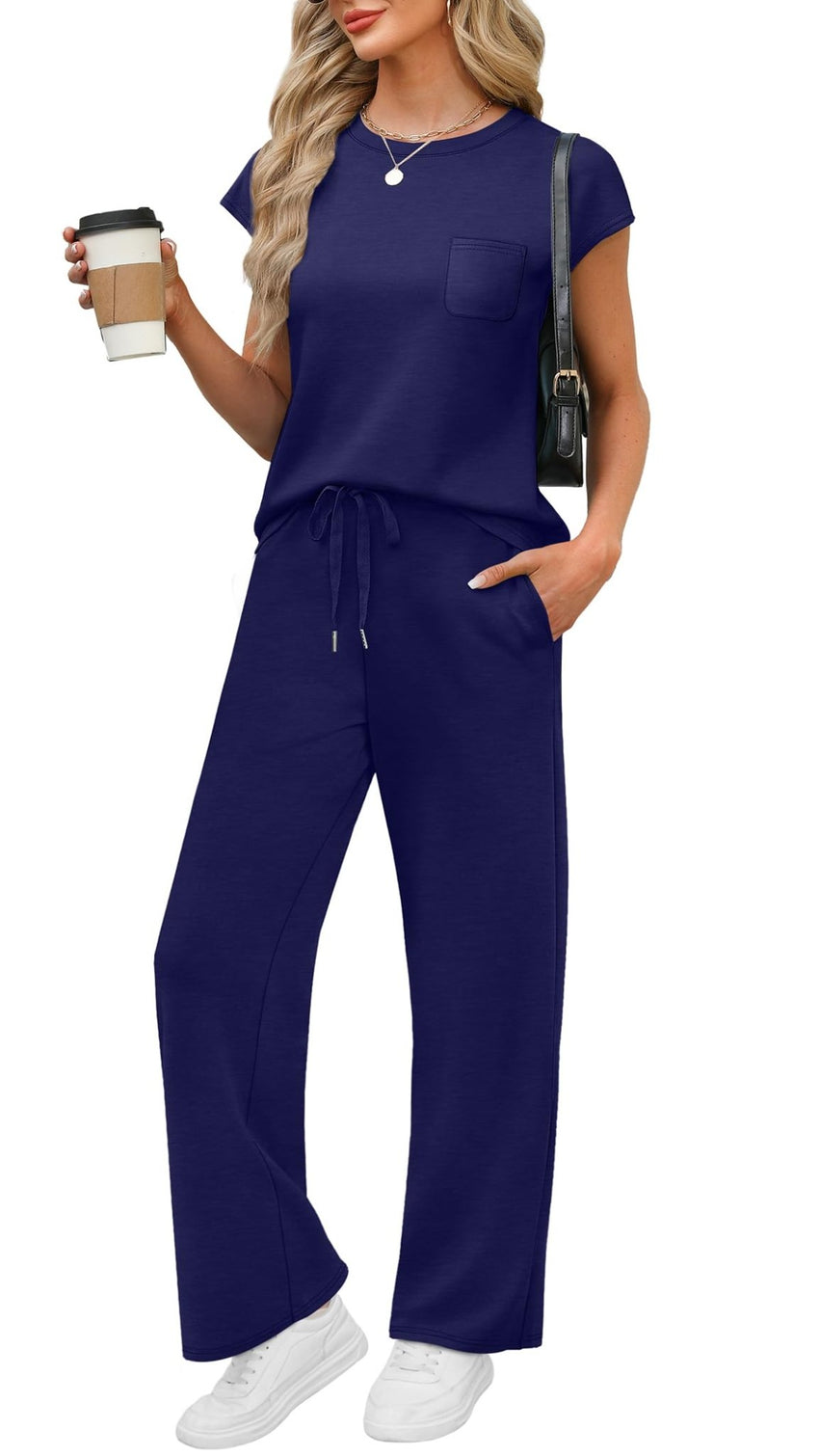WIHOLL 2 Piece Sets for Women Casual Summer Travel Vacation Outfits Cap Sleeve Lounge Set - 7DAY'S