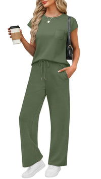 WIHOLL 2 Piece Sets for Women Casual Summer Travel Vacation Outfits Cap Sleeve Lounge Set - 7DAY'S