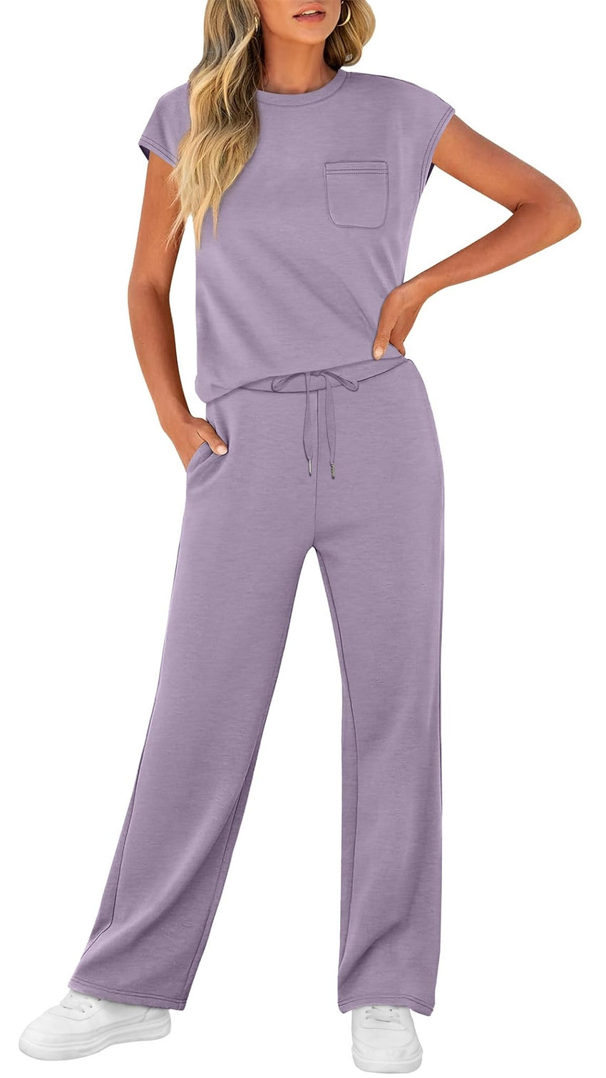 WIHOLL 2 Piece Sets for Women Casual Summer Travel Vacation Outfits Cap Sleeve Lounge Set - 7DAY'S