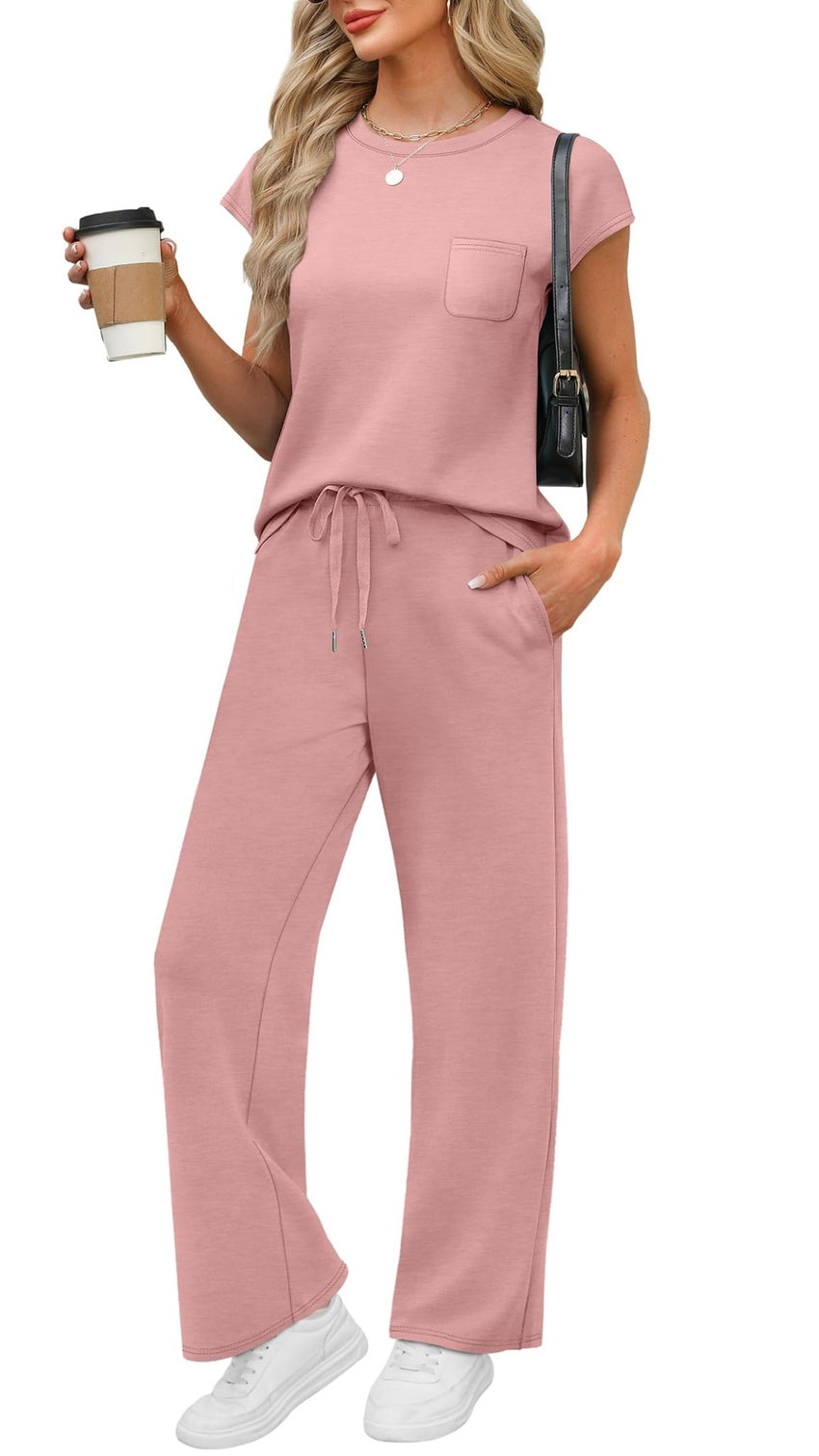 WIHOLL 2 Piece Sets for Women Casual Summer Travel Vacation Outfits Cap Sleeve Lounge Set - 7DAY'S