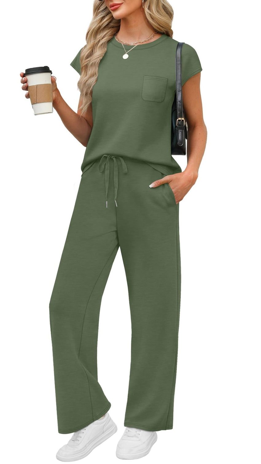 WIHOLL 2 Piece Sets for Women Casual Summer Travel Vacation Outfits Cap Sleeve Lounge Set - 7DAY'S