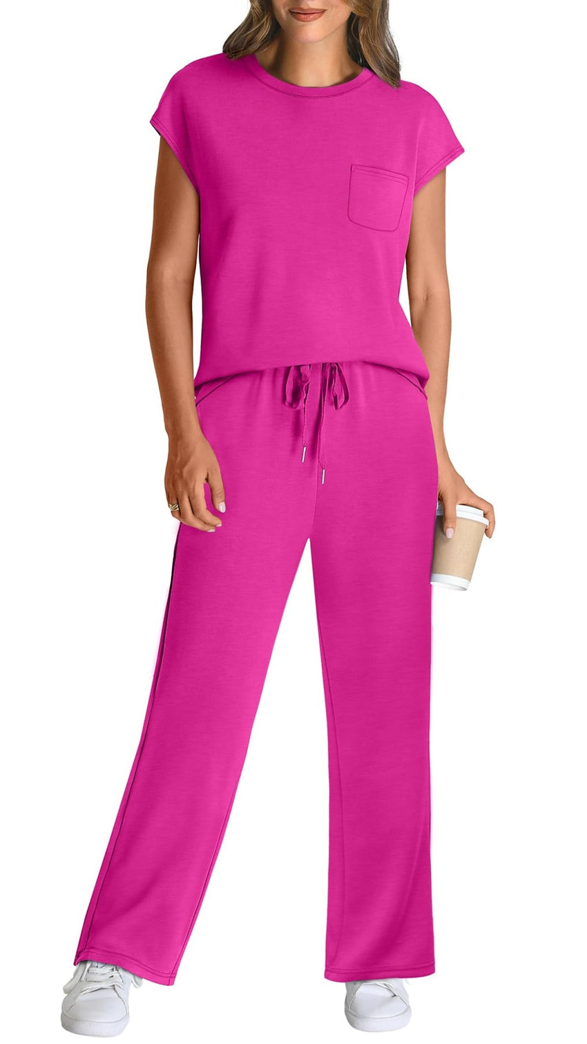 WIHOLL 2 Piece Sets for Women Casual Summer Travel Vacation Outfits Cap Sleeve Lounge Set - 7DAY'S