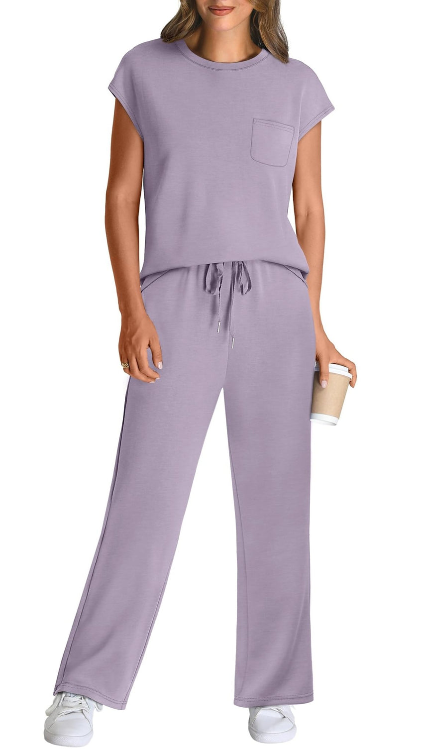 WIHOLL 2 Piece Sets for Women Casual Summer Travel Vacation Outfits Cap Sleeve Lounge Set - 7DAY'S