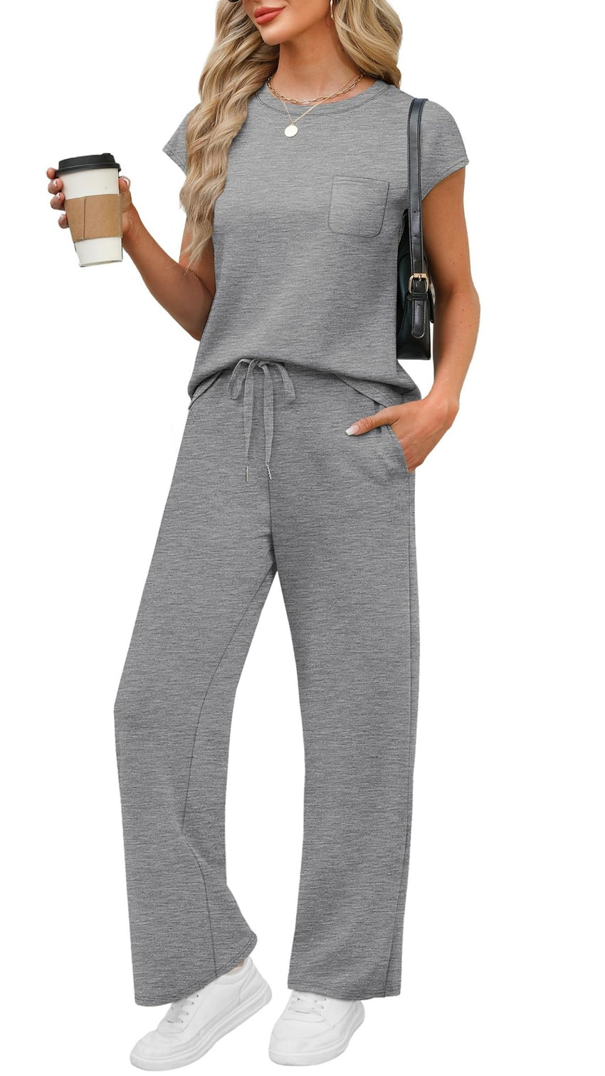 WIHOLL 2 Piece Sets for Women Casual Summer Travel Vacation Outfits Cap Sleeve Lounge Set - 7DAY'S