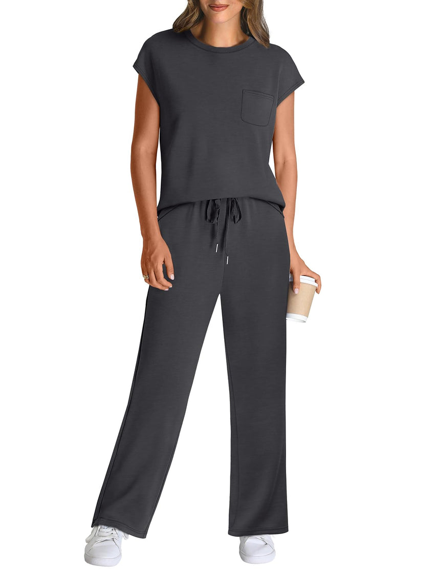 WIHOLL 2 Piece Sets for Women Casual Summer Travel Vacation Outfits Cap Sleeve Lounge Set - 7DAY'S