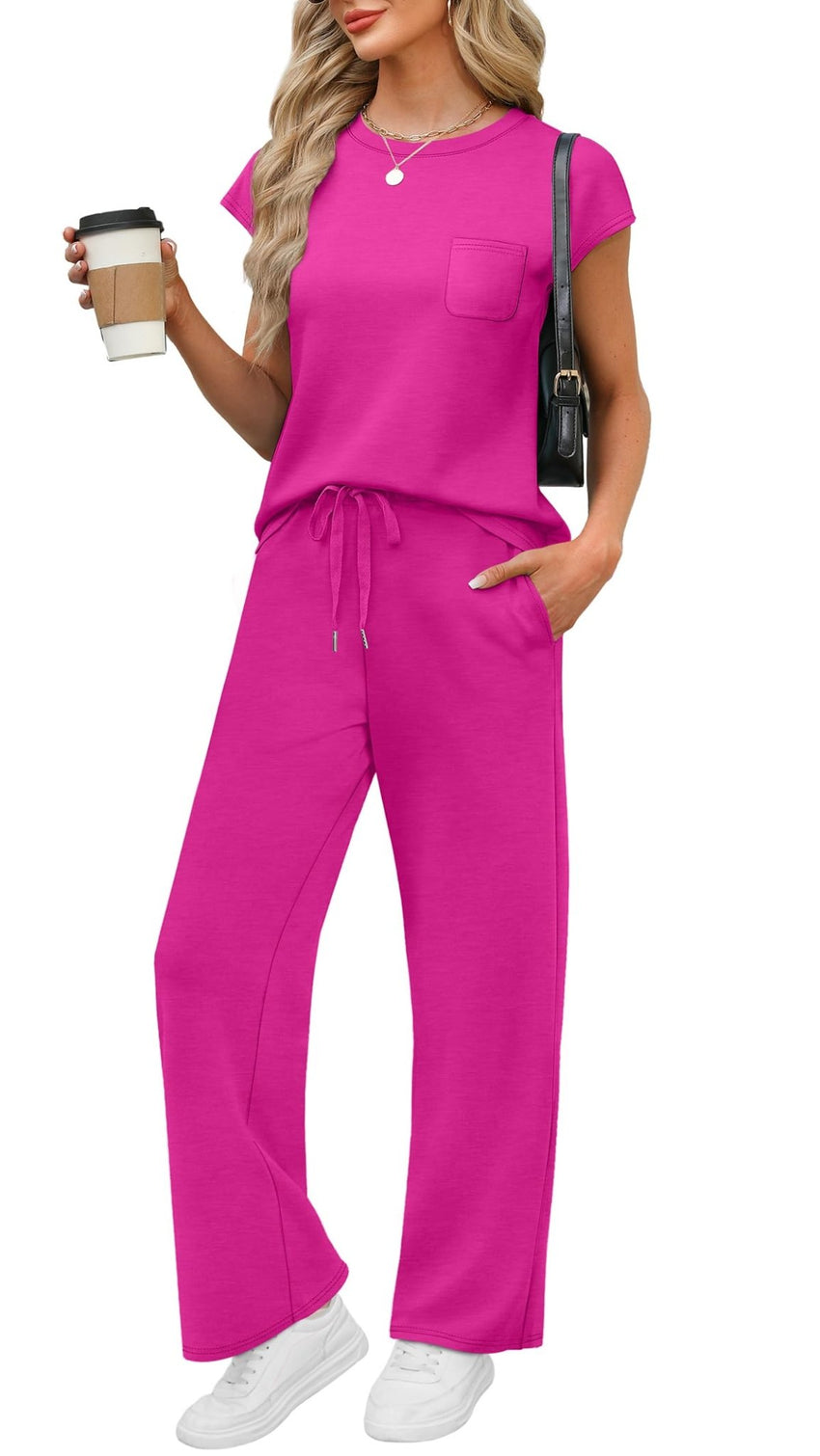 WIHOLL 2 Piece Sets for Women Casual Summer Travel Vacation Outfits Cap Sleeve Lounge Set - 7DAY'S