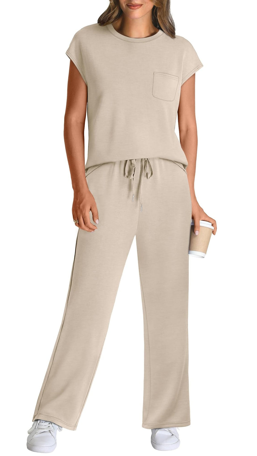 WIHOLL 2 Piece Sets for Women Casual Summer Travel Vacation Outfits Cap Sleeve Lounge Set - 7DAY'S
