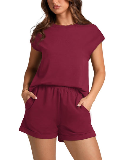 WIHOLL 2 Piece Sets for Women Casual Summer Travel Vacation Outfits Cap Sleeve Shorts Lounge Set - 7DAY'S
