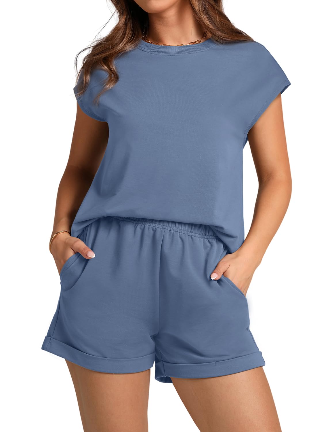 WIHOLL 2 Piece Sets for Women Casual Summer Travel Vacation Outfits Cap Sleeve Shorts Lounge Set - 7DAY'S