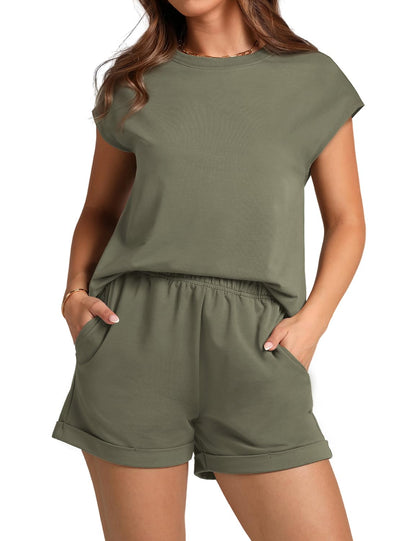 WIHOLL 2 Piece Sets for Women Casual Summer Travel Vacation Outfits Cap Sleeve Shorts Lounge Set - 7DAY'S