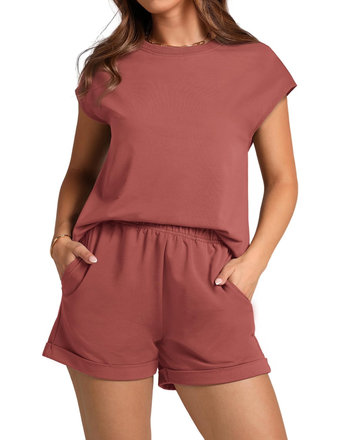 WIHOLL 2 Piece Sets for Women Casual Summer Travel Vacation Outfits Cap Sleeve Shorts Lounge Set - 7DAY'S