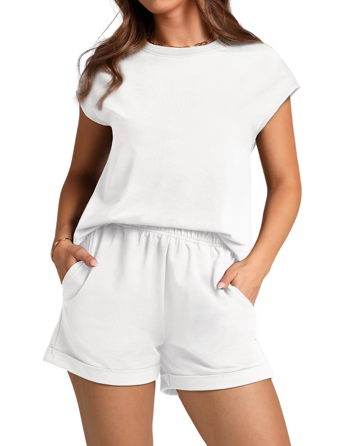 WIHOLL 2 Piece Sets for Women Casual Summer Travel Vacation Outfits Cap Sleeve Shorts Lounge Set - 7DAY'S