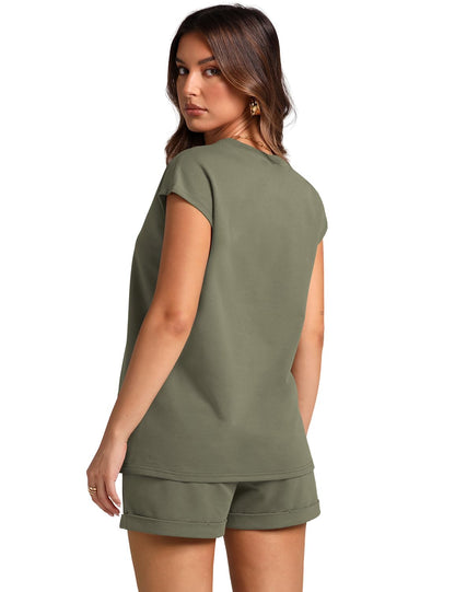 WIHOLL 2 Piece Sets for Women Casual Summer Travel Vacation Outfits Cap Sleeve Shorts Lounge Set - 7DAY'S
