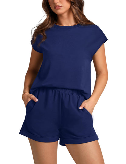 WIHOLL 2 Piece Sets for Women Casual Summer Travel Vacation Outfits Cap Sleeve Shorts Lounge Set - 7DAY'S