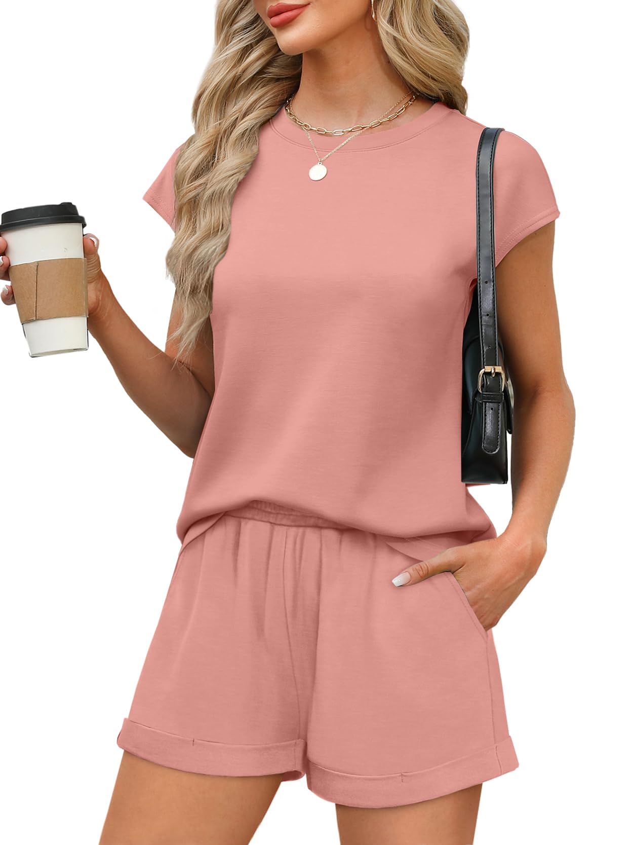WIHOLL 2 Piece Sets for Women Casual Summer Travel Vacation Outfits Cap Sleeve Shorts Lounge Set - 7DAY'S