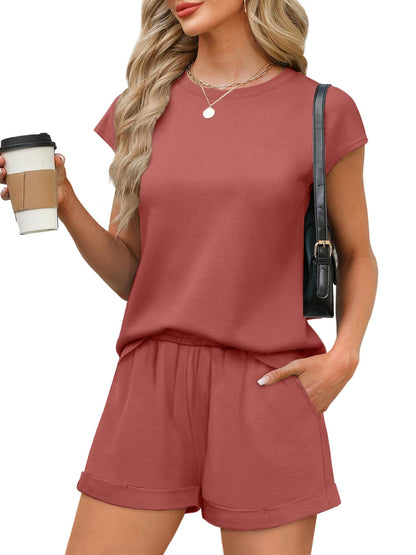 WIHOLL 2 Piece Sets for Women Casual Summer Travel Vacation Outfits Cap Sleeve Shorts Lounge Set - 7DAY'S