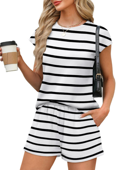 WIHOLL 2 Piece Sets for Women Casual Summer Travel Vacation Outfits Cap Sleeve Shorts Lounge Set - 7DAY'S