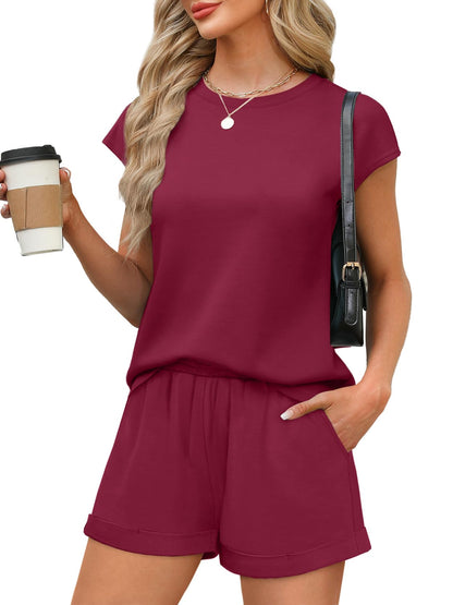 WIHOLL 2 Piece Sets for Women Casual Summer Travel Vacation Outfits Cap Sleeve Shorts Lounge Set - 7DAY'S