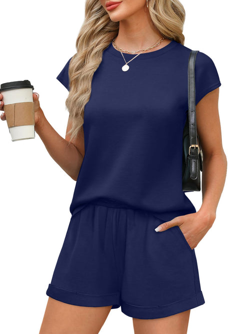 WIHOLL 2 Piece Sets for Women Casual Summer Travel Vacation Outfits Cap Sleeve Shorts Lounge Set - 7DAY'S