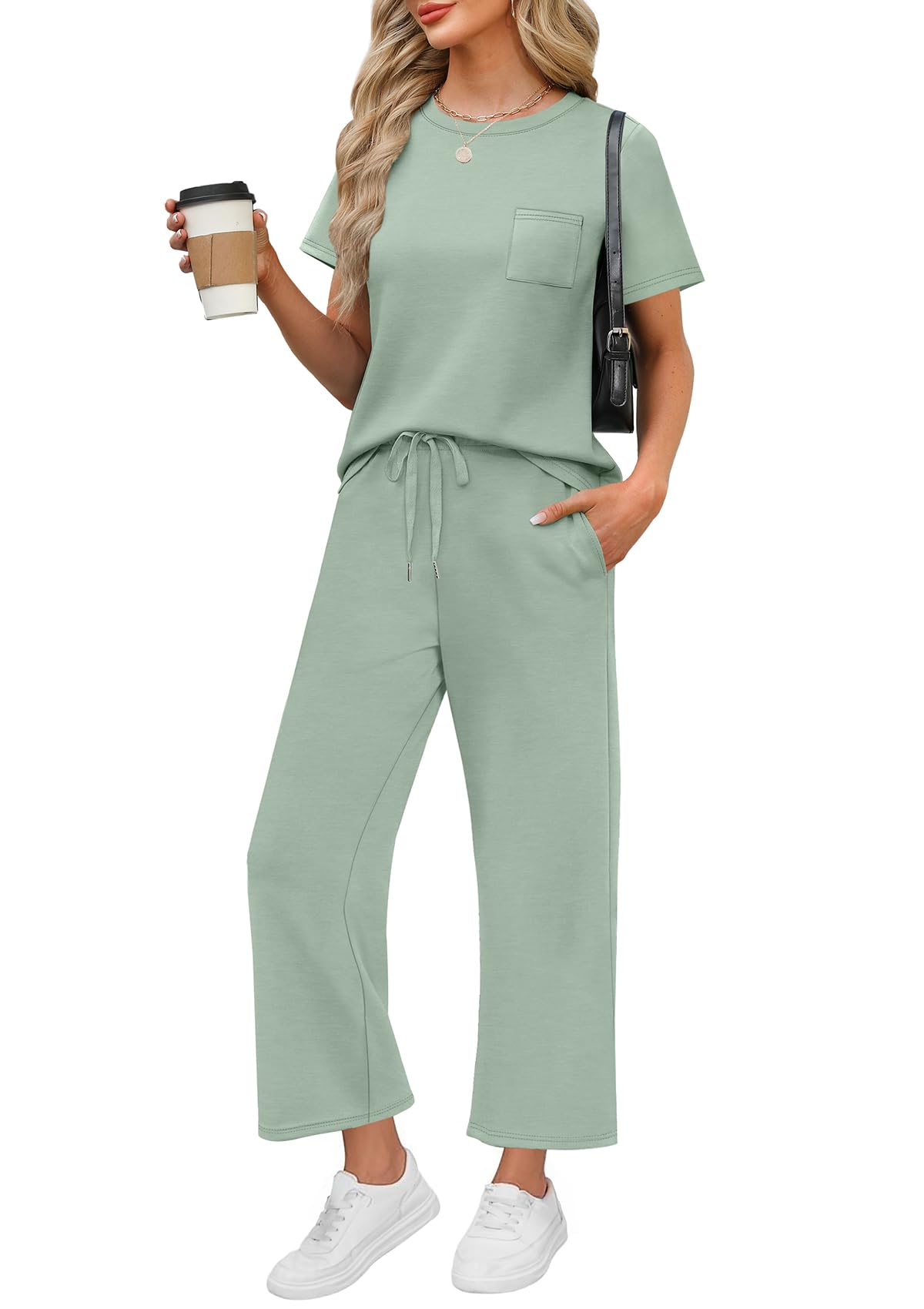 WIHOLL 2 Piece Sets for Women Casual Summer Travel Vacation Outfits Short Sleeve Wide Leg Crop Pants Lounge Sets - 7DAY'S