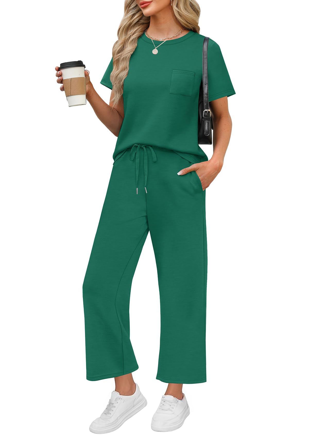 WIHOLL 2 Piece Sets for Women Casual Summer Travel Vacation Outfits Short Sleeve Wide Leg Crop Pants Lounge Sets - 7DAY'S