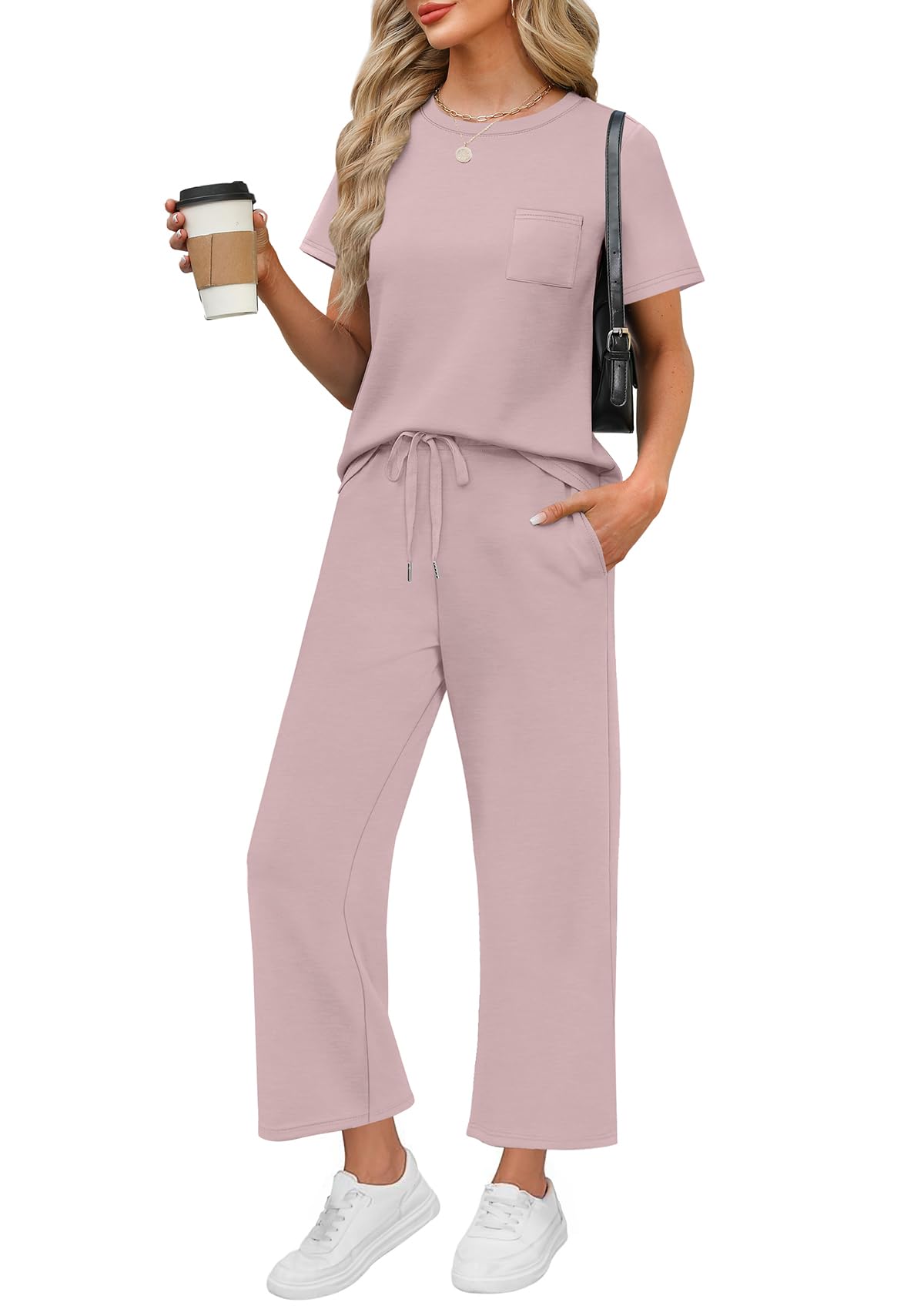 WIHOLL 2 Piece Sets for Women Casual Summer Travel Vacation Outfits Short Sleeve Wide Leg Crop Pants Lounge Sets - 7DAY'S