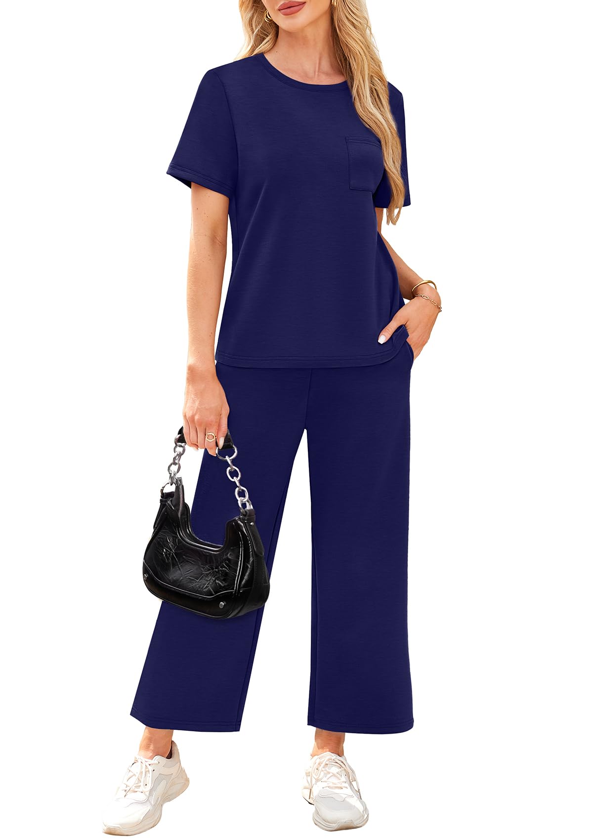 WIHOLL 2 Piece Sets for Women Casual Summer Travel Vacation Outfits Short Sleeve Wide Leg Crop Pants Lounge Sets - 7DAY'S