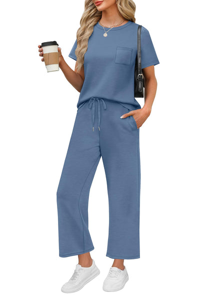 WIHOLL 2 Piece Sets for Women Casual Summer Travel Vacation Outfits Short Sleeve Wide Leg Crop Pants Lounge Sets - 7DAY'S