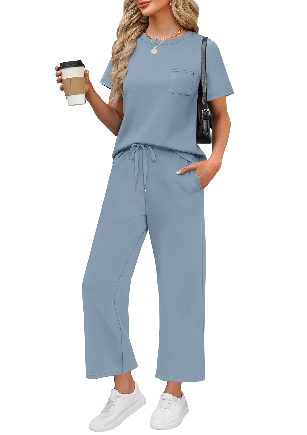 WIHOLL 2 Piece Sets for Women Casual Summer Travel Vacation Outfits Short Sleeve Wide Leg Crop Pants Lounge Sets - 7DAY'S