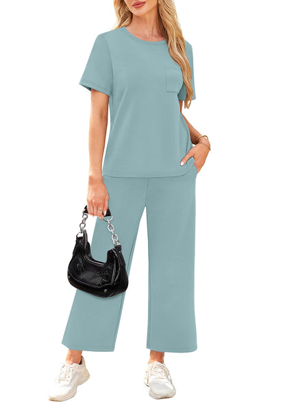 WIHOLL 2 Piece Sets for Women Casual Summer Travel Vacation Outfits Short Sleeve Wide Leg Crop Pants Lounge Sets - 7DAY'S