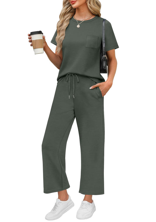 WIHOLL 2 Piece Sets for Women Casual Summer Travel Vacation Outfits Short Sleeve Wide Leg Crop Pants Lounge Sets - 7DAY'S