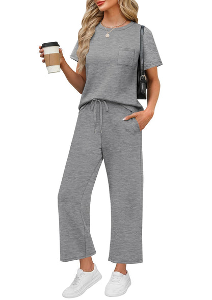 WIHOLL 2 Piece Sets for Women Casual Summer Travel Vacation Outfits Short Sleeve Wide Leg Crop Pants Lounge Sets - 7DAY'S