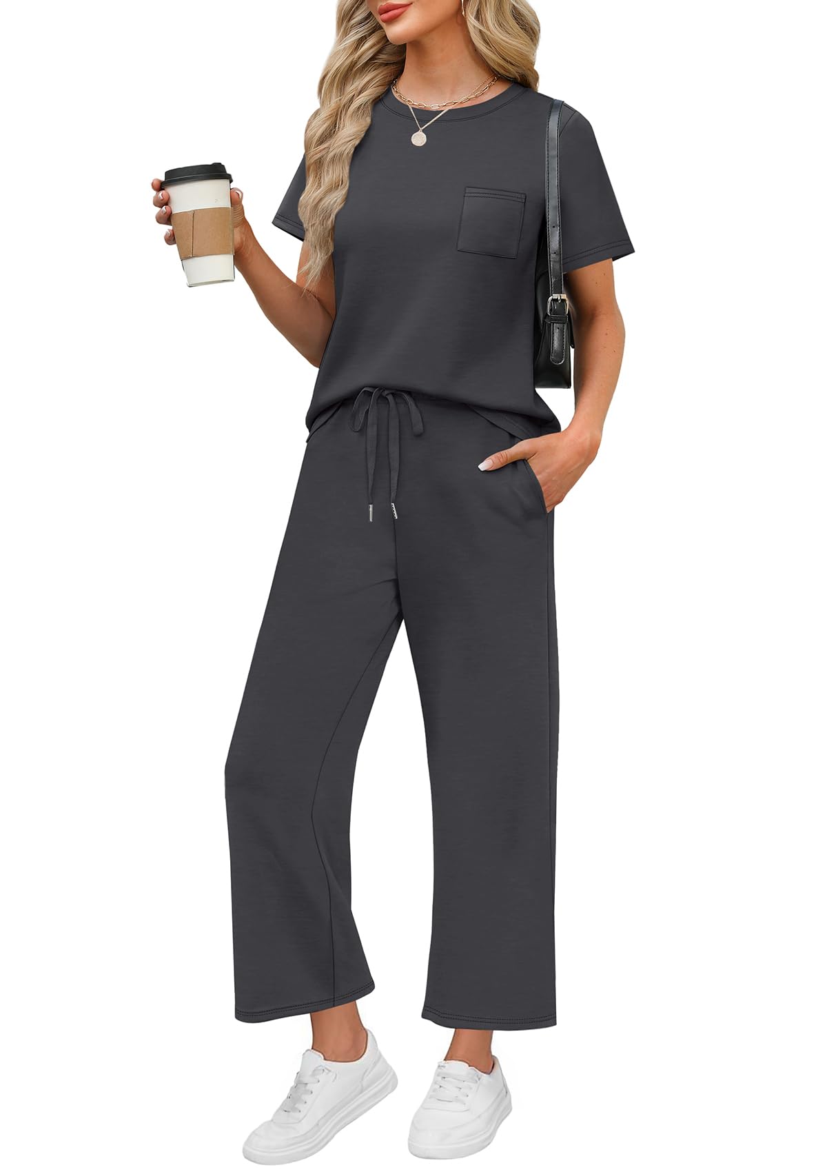 WIHOLL 2 Piece Sets for Women Casual Summer Travel Vacation Outfits Short Sleeve Wide Leg Crop Pants Lounge Sets - 7DAY'S