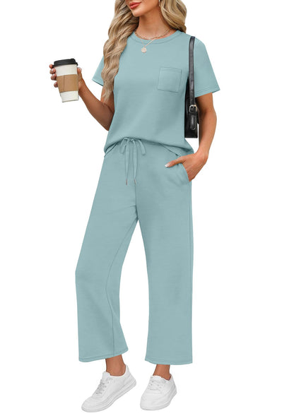 WIHOLL 2 Piece Sets for Women Casual Summer Travel Vacation Outfits Short Sleeve Wide Leg Crop Pants Lounge Sets - 7DAY'S