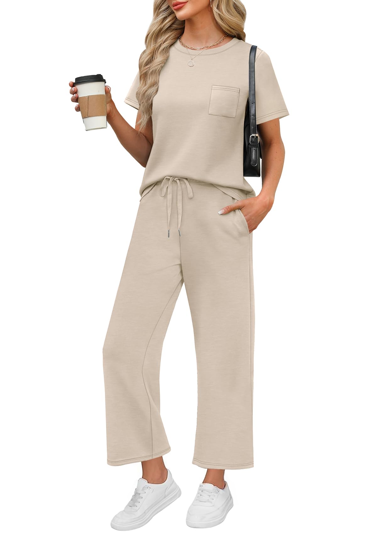 WIHOLL 2 Piece Sets for Women Casual Summer Travel Vacation Outfits Short Sleeve Wide Leg Crop Pants Lounge Sets - 7DAY'S