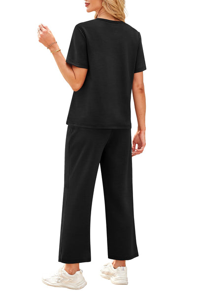 WIHOLL 2 Piece Sets for Women Casual Summer Travel Vacation Outfits Short Sleeve Wide Leg Crop Pants Lounge Sets - 7DAY'S