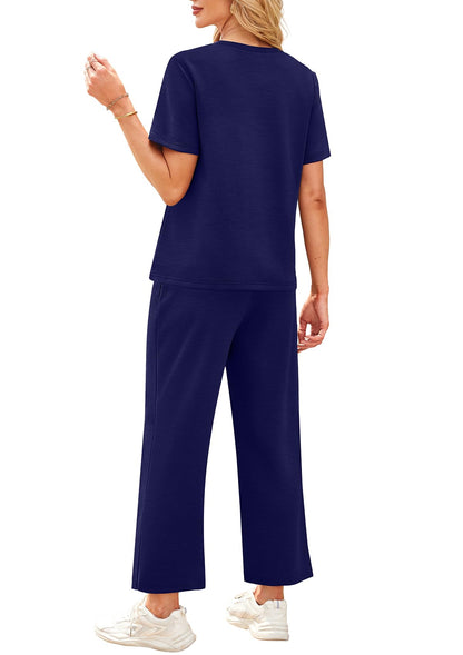 WIHOLL 2 Piece Sets for Women Casual Summer Travel Vacation Outfits Short Sleeve Wide Leg Crop Pants Lounge Sets - 7DAY'S