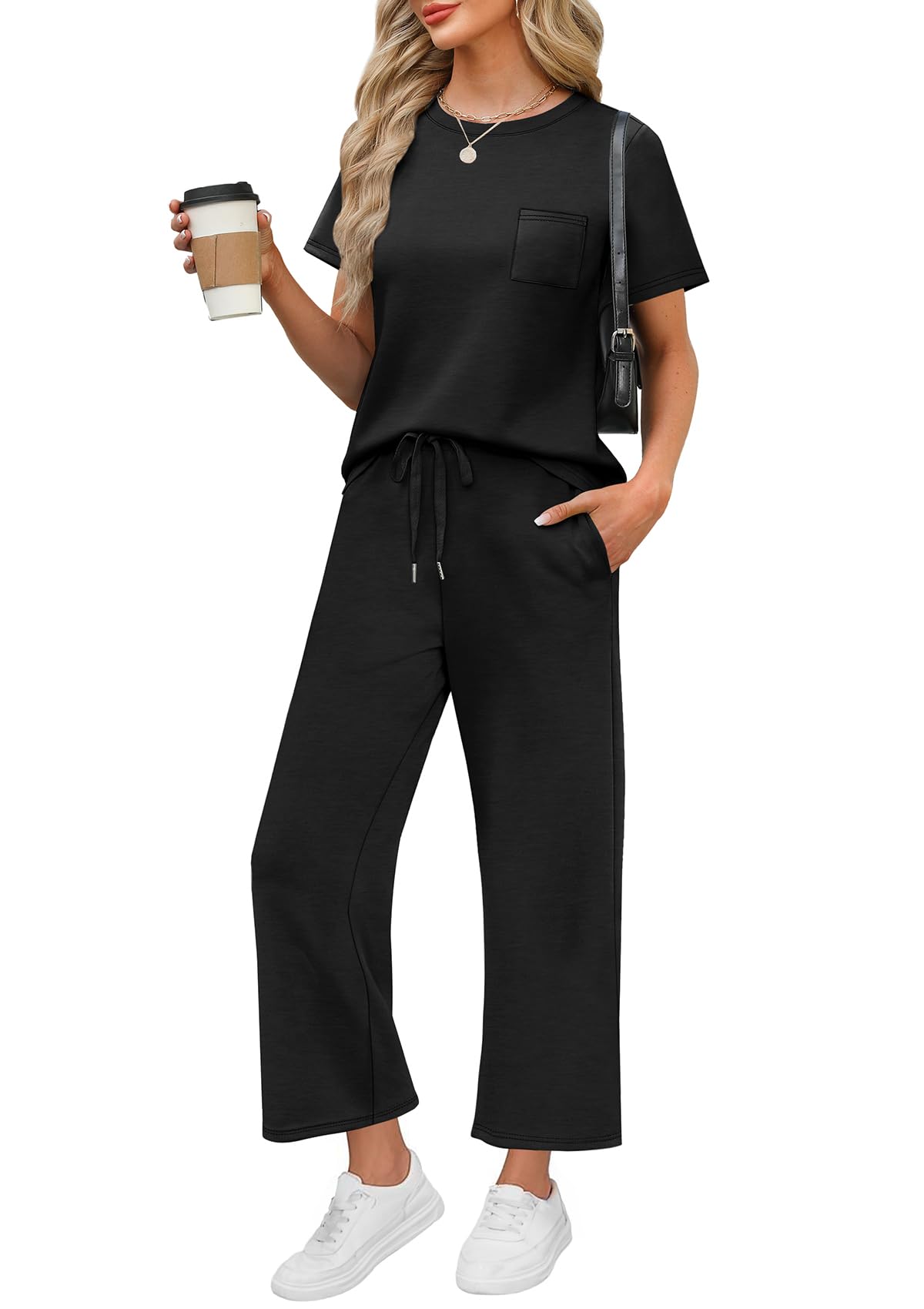 WIHOLL 2 Piece Sets for Women Casual Summer Travel Vacation Outfits Short Sleeve Wide Leg Crop Pants Lounge Sets - 7DAY'S